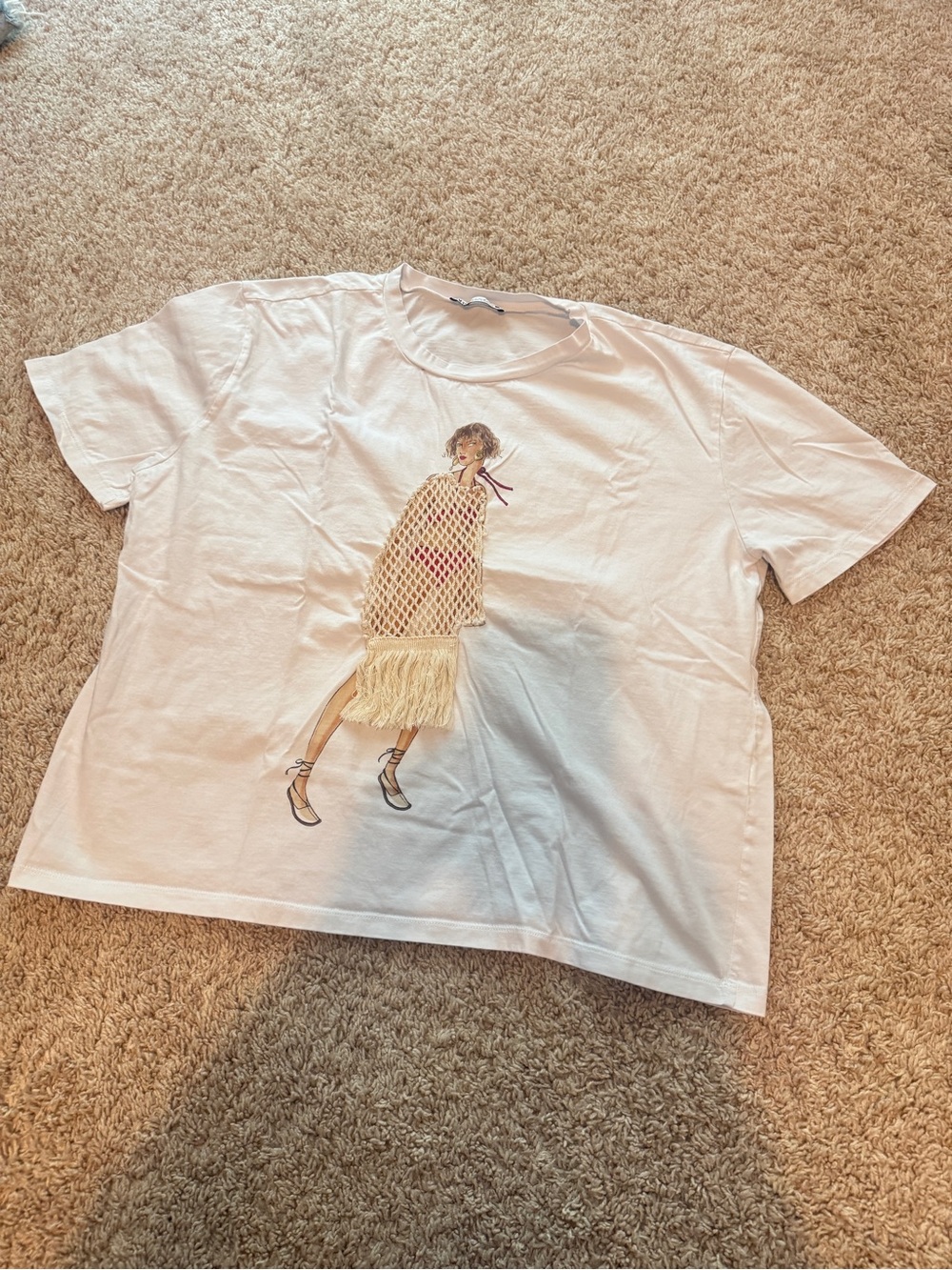Zara White T-shirt With Girl in Bikini Printed Tee Women's Size M